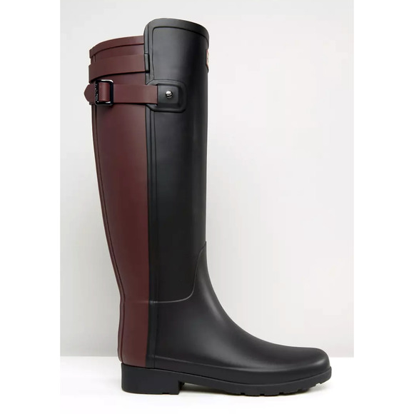 Hunter Original 6 Refined Back Strap Contrast Tall Wellington Rain Boots Black - Picture 3 of 9